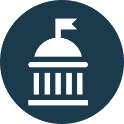 Government building icon with flag.